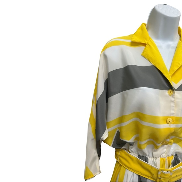 VTG Abstract Stripe Dolman Sleeve Midi Dress Yellow Grey Size 9 - Picture 4 of 9
